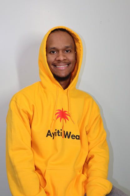 yellow hoodie custom with AyitiWear logo