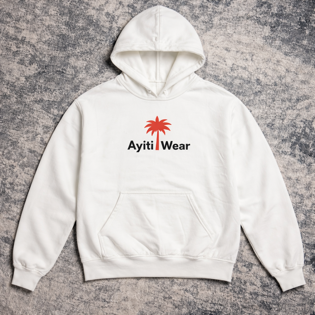 white hoodie with ayitiwear logo