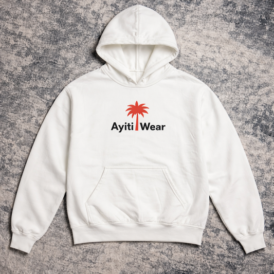 white hoodie with ayitiwear logo