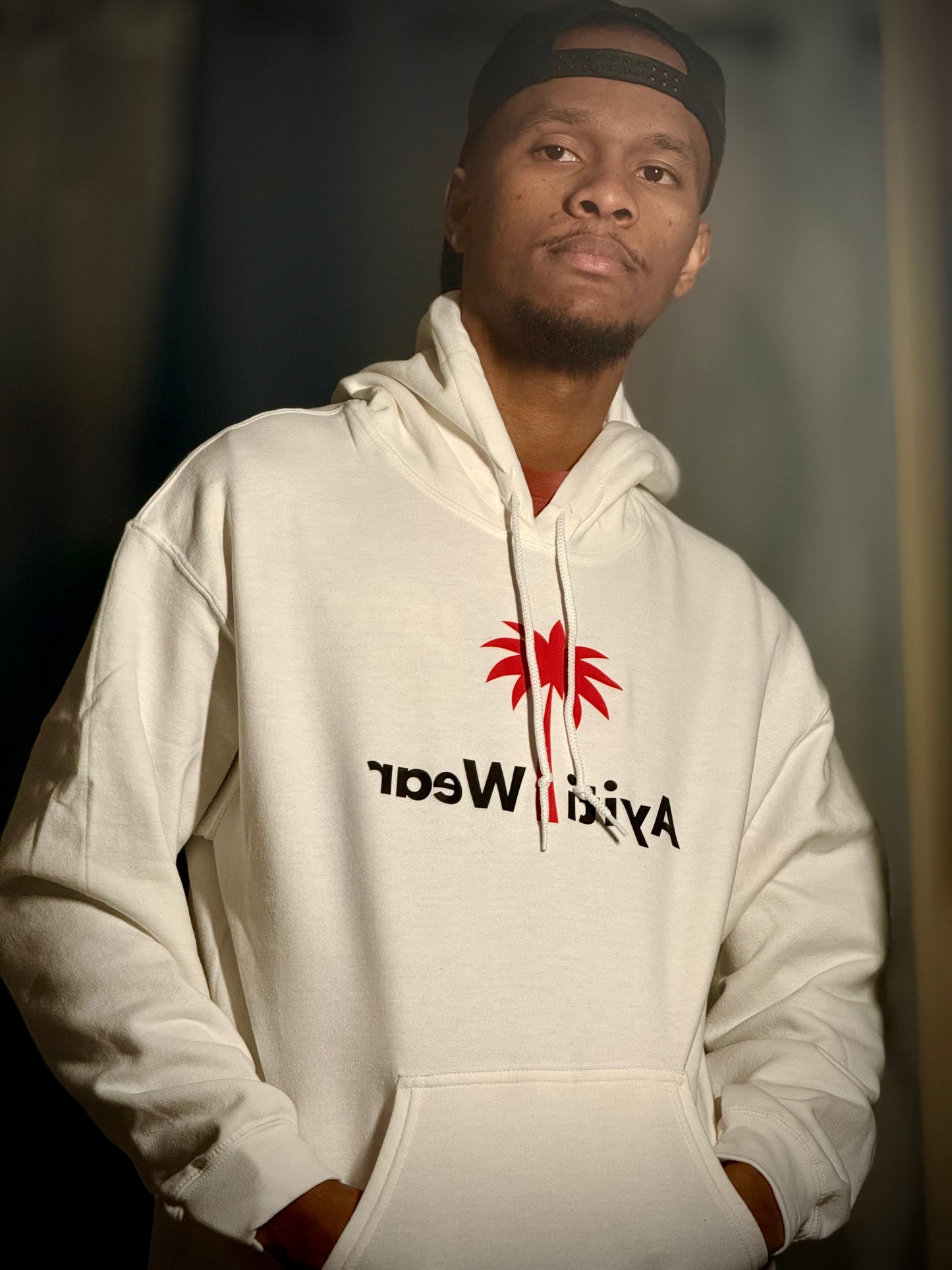 white hoodie with ayitiwear logo