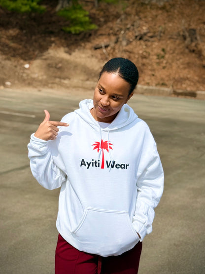 white hoodie with ayitiwear logo