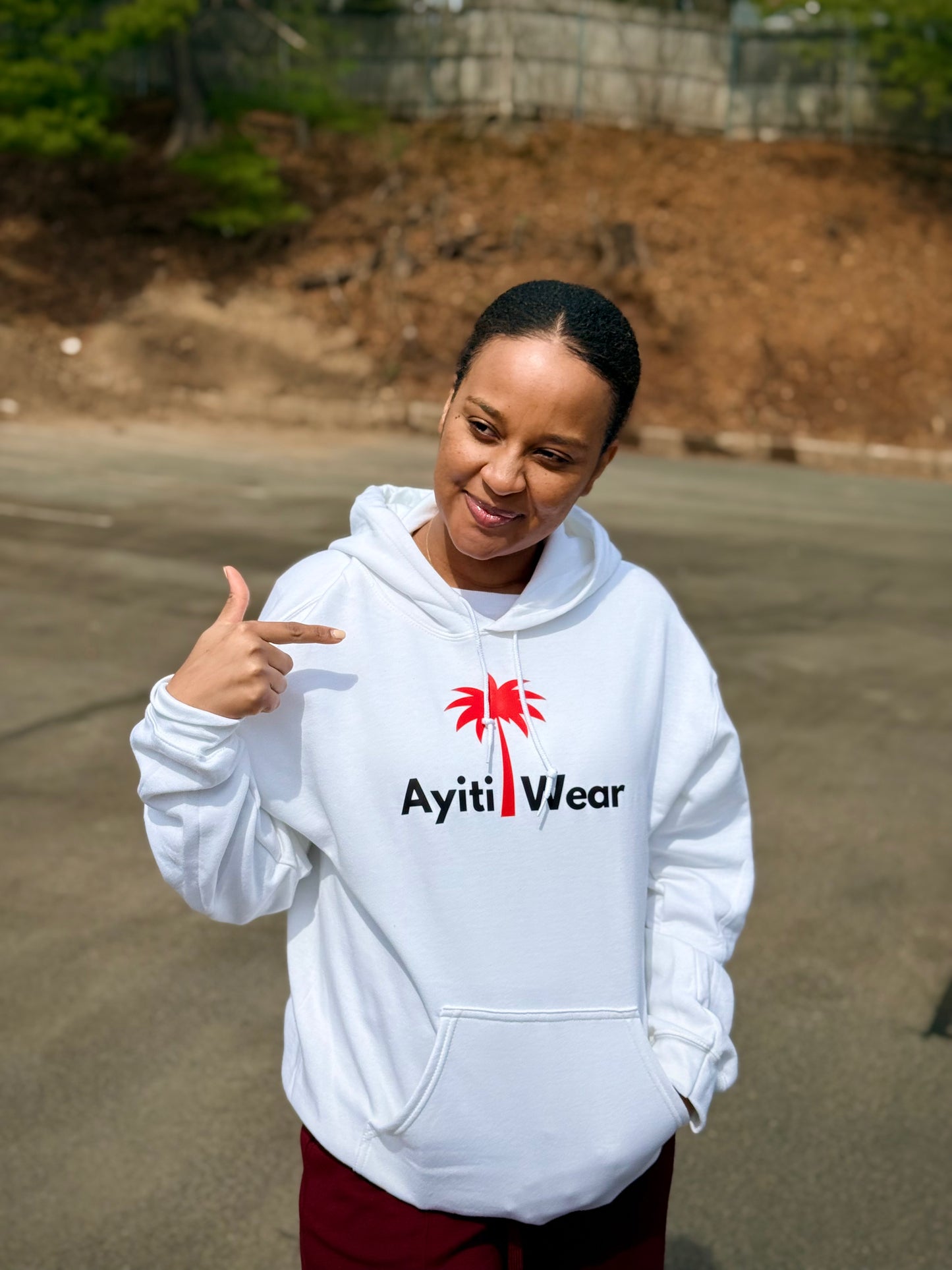 white hoodie with ayitiwear logo