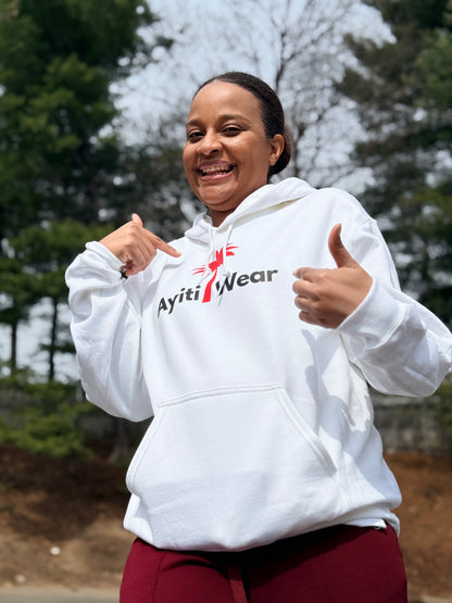 white hoodie with ayitiwear logo